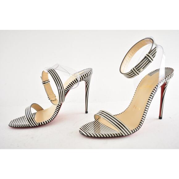Christian Louboutin Jonatina 100 Black White Stripes Patent Sandal Heel Pump 37 - Picture 10 of 12
